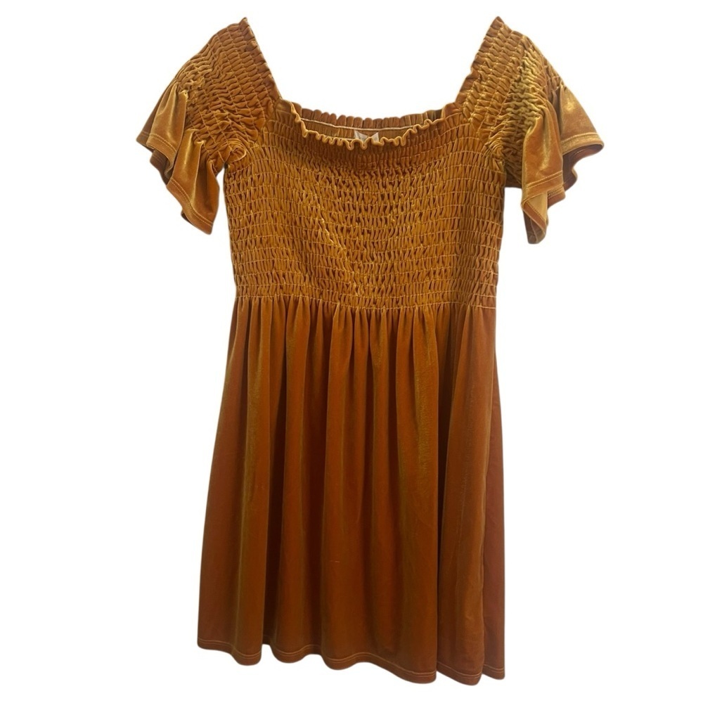 Urban Outfitters dress Smocked Off-Shoulder - velvet Mustard gold romantic boho